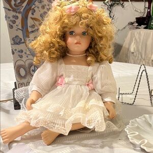 Charming Cream Doll with Pink Flowers